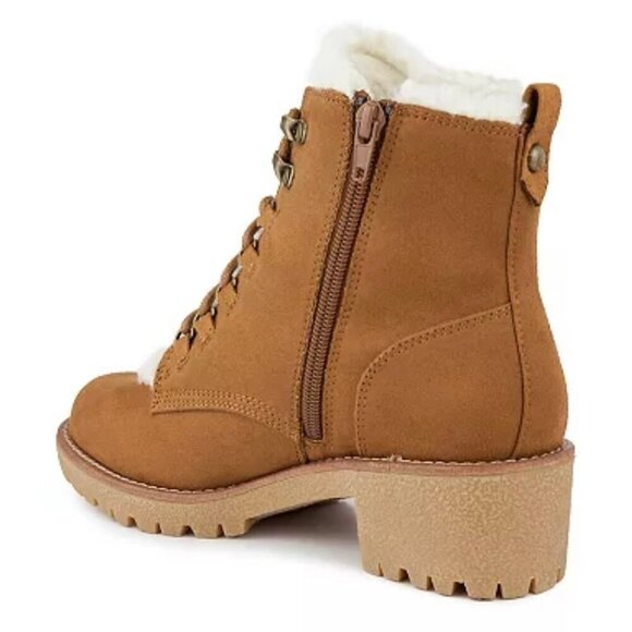 SUGAR QUIZZER Women's Block Heel Shearling Combat Boot Cognac Size 11 - Picture 4 of 9